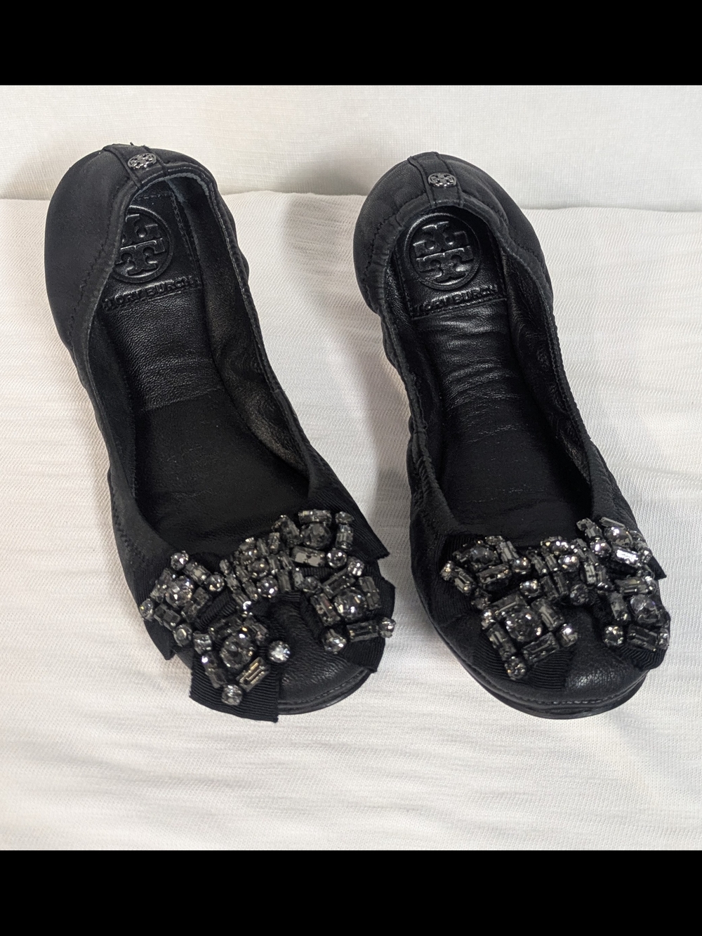Tory Burch Black Eddie Jeweled Bow Flats